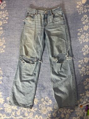 American Eagle Outfitters Light Wash Distressed Wide-Leg Jeans
